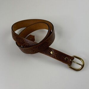 Stylish Handmade Brown Tooled Leather Belt with Gold Buckle